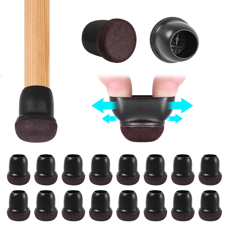 16PCS Black Silicone Chair Leg Protectors with Felt | Furniture Leg Caps for Floor Protection